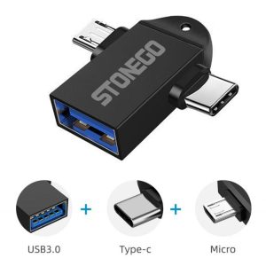 Перехідник OTG Type-C (штекер) + microUSB (штекер) на USB 3.0 (гніздо), метал, чорний