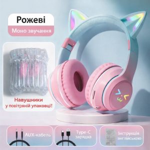 Дитячі Bluetooth навушники з котячими вушками RGB, складані, AUX, microSD, Type-C, рожеві (моно)