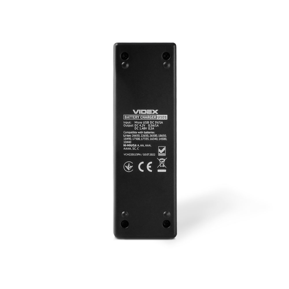 Зарядний пристрій універсальний Videx VCH-U101, 1 слот, Li-ion / Ni-MH / Ni-Cd, 18650 / AA / AAA, Micro USB - Зображення 4