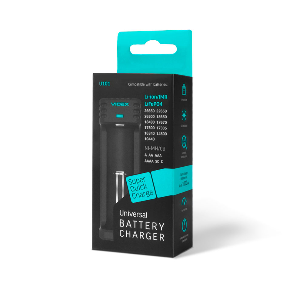 Зарядний пристрій універсальний Videx VCH-U101, 1 слот, Li-ion / Ni-MH / Ni-Cd, 18650 / AA / AAA, Micro USB - Зображення 6