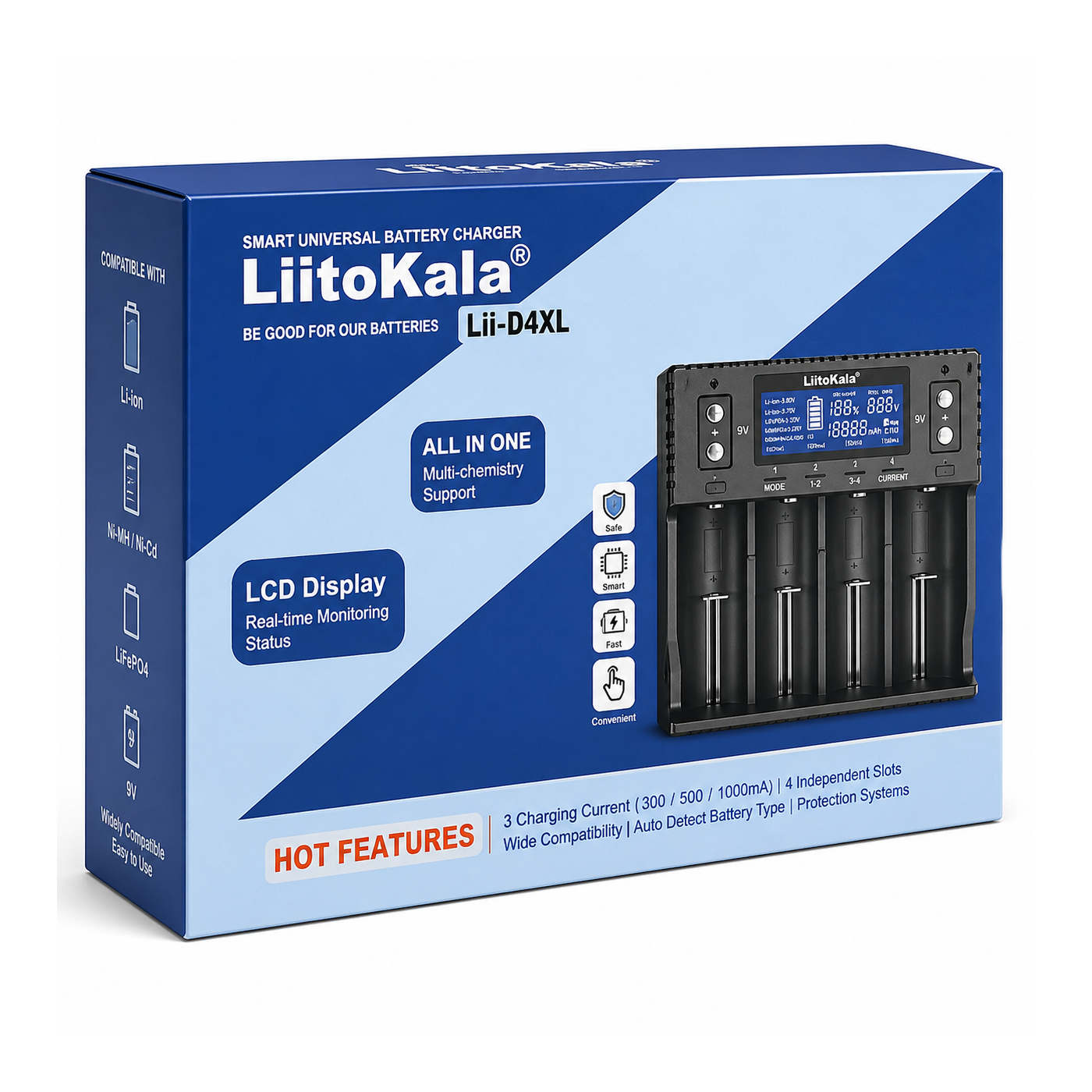 Зарядний пристрій універсальний LiitoKala Lii-D4XL, 4 канали + 2 для Крона, Li-ion / LiFePO4 / Ni-MH / Ni-Cd, дисплей, 12V / 220V