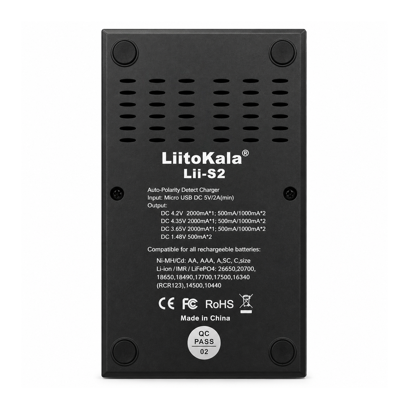 Зарядний пристрій універсальний LiitoKala Lii-S2, 2 канали, Li-ion / LiFePO4 / Ni-MH / Ni-Cd, USB 5V